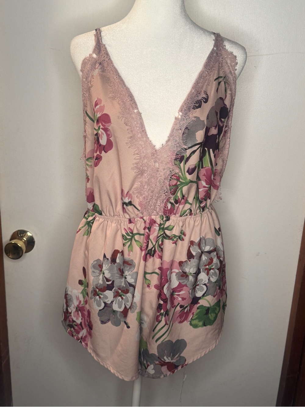 Blush Pink Floral Lace Trim Romper